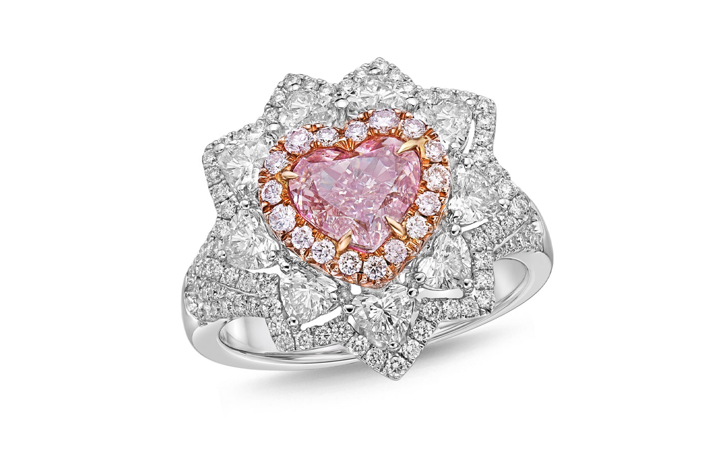  Gilin ring with a 1.50 carat, VVS2 clarity light pink heart-shaped diamond, surrounded by further pink and colourless diamonds and nine heart-shaped diamonds totalling 1.10 carats, set in 18k white gold 