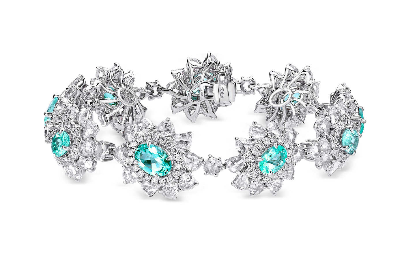  Gilin bracelet with nine Paraiba tourmalines totalling 4.42 carats and 9.66 carats of pear-shaped and round brilliant-cut diamonds, set in 18k white gold 