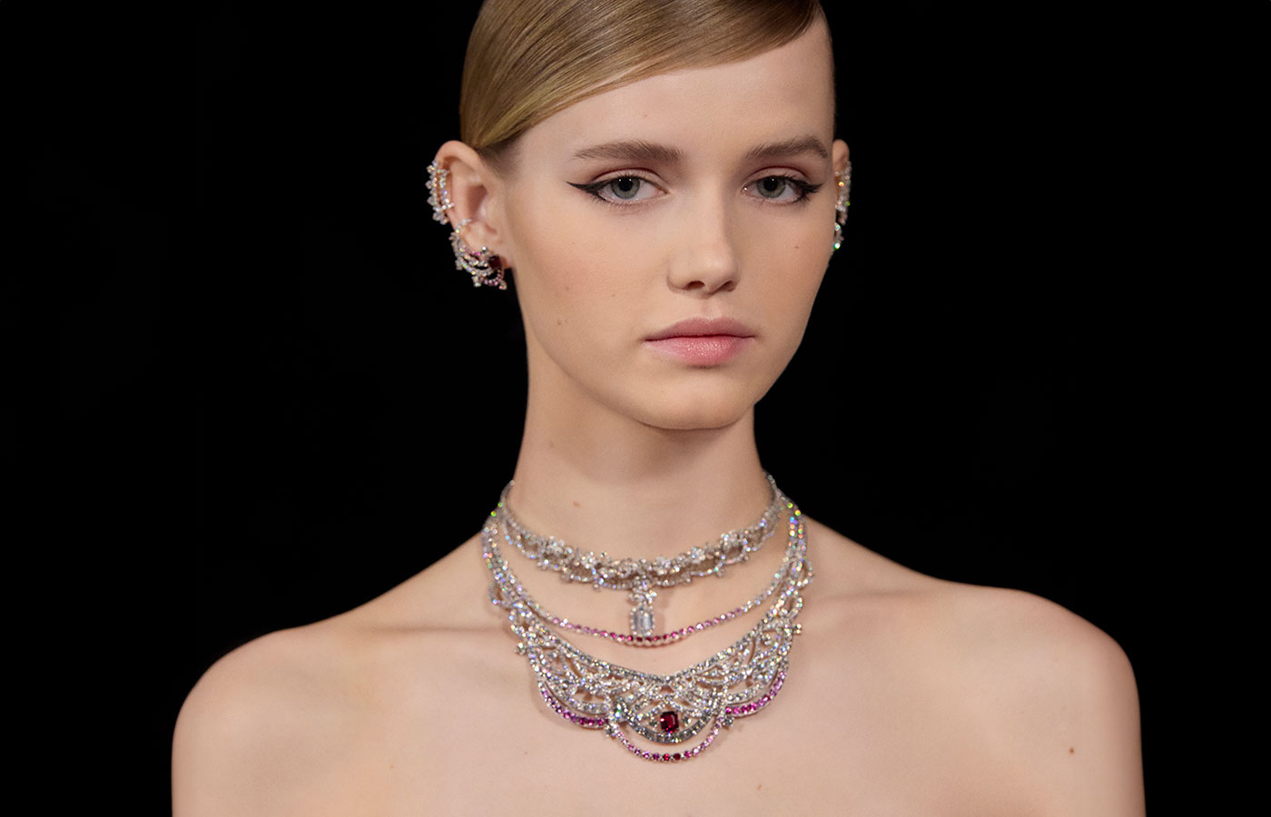  A model wears new diamond and coloured gemstone creations from the Dior Joaillerie Diorama & Diorigami High Jewellery collection at the Maison’s presentation in Florence, Italy