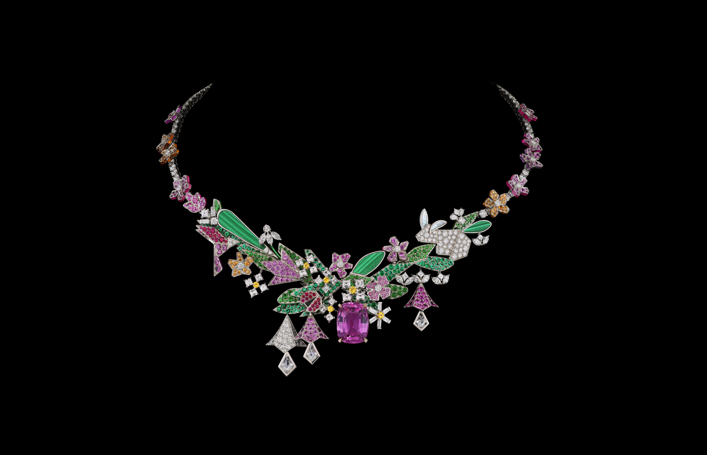 Dior Joaillerie presents a first look at the Diorigami chapter of its new Diorama & Diorigami High Jewellery collection via this necklace with green malachite leaves, pink sapphires and rubies, all with complementary lacquer hues 