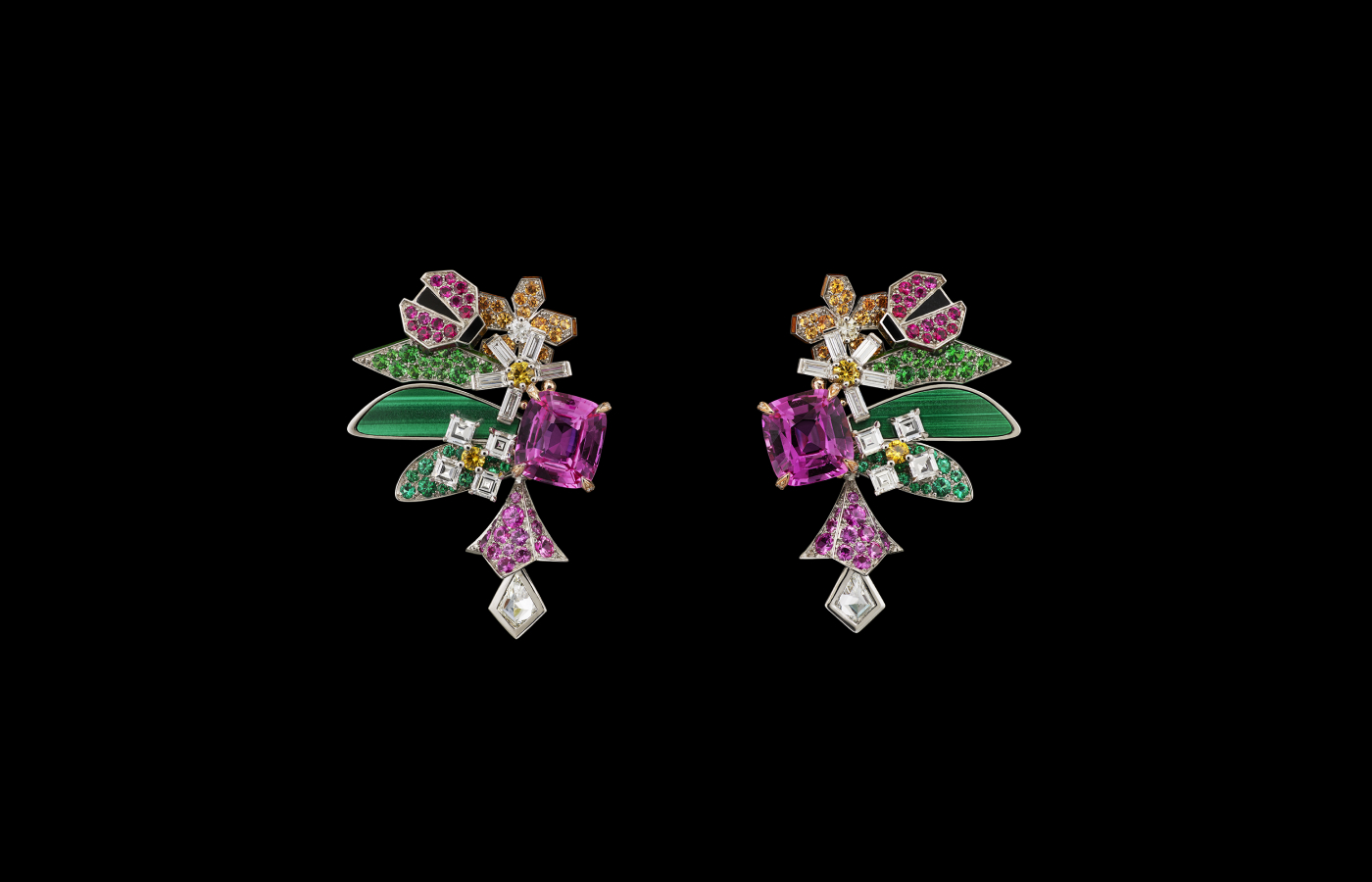 The first suite from the Diorigami chapter of the Diorama & Diorigami High Jewellery collection includes these earrings with malachite leaves, large pink sapphires, further sapphires, rubies, diamonds and lacquer