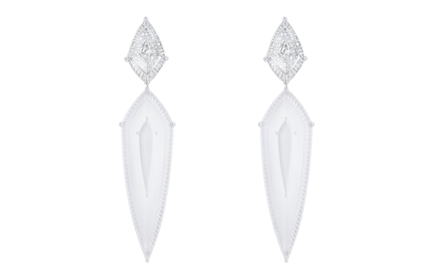  Boucheron Iceberg pendant earrings with frosted rock crystal and diamonds in 18k white gold from the Or Bleu High Jewellery collection