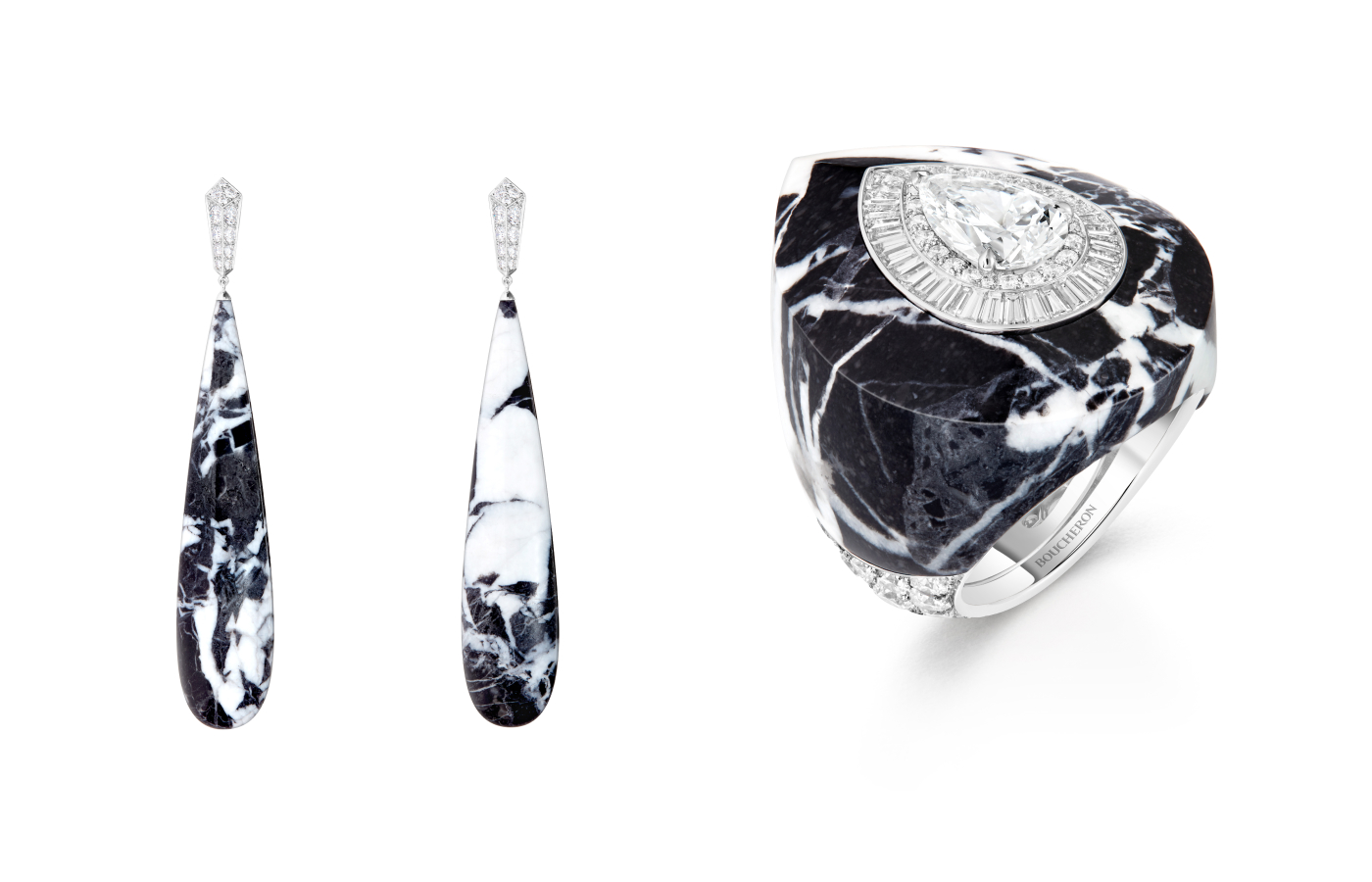  Boucheron Banquise ring in grand antique marble with a 2 carat pear-shaped diamond, and round and baguette-cut diamonds, alongside the matching earrings, both in 18k white gold from the Or Bleu High Jewellery collection