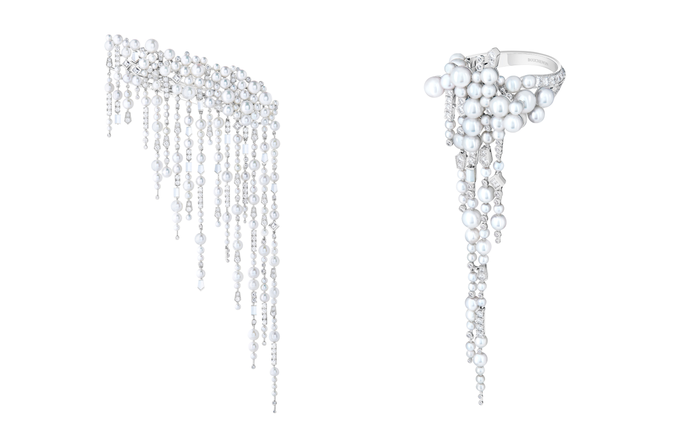  Boucheron Givre hair jewel and ring with diamonds and Akoya pearls in 18k white gold from the Or Bleu High Jewellery collection
