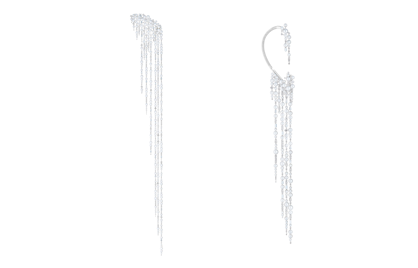  Boucheron Givre shoulder jewel and ear cuff with diamonds and Akoya pearls in 18k white gold from the Or Bleu High Jewellery collection