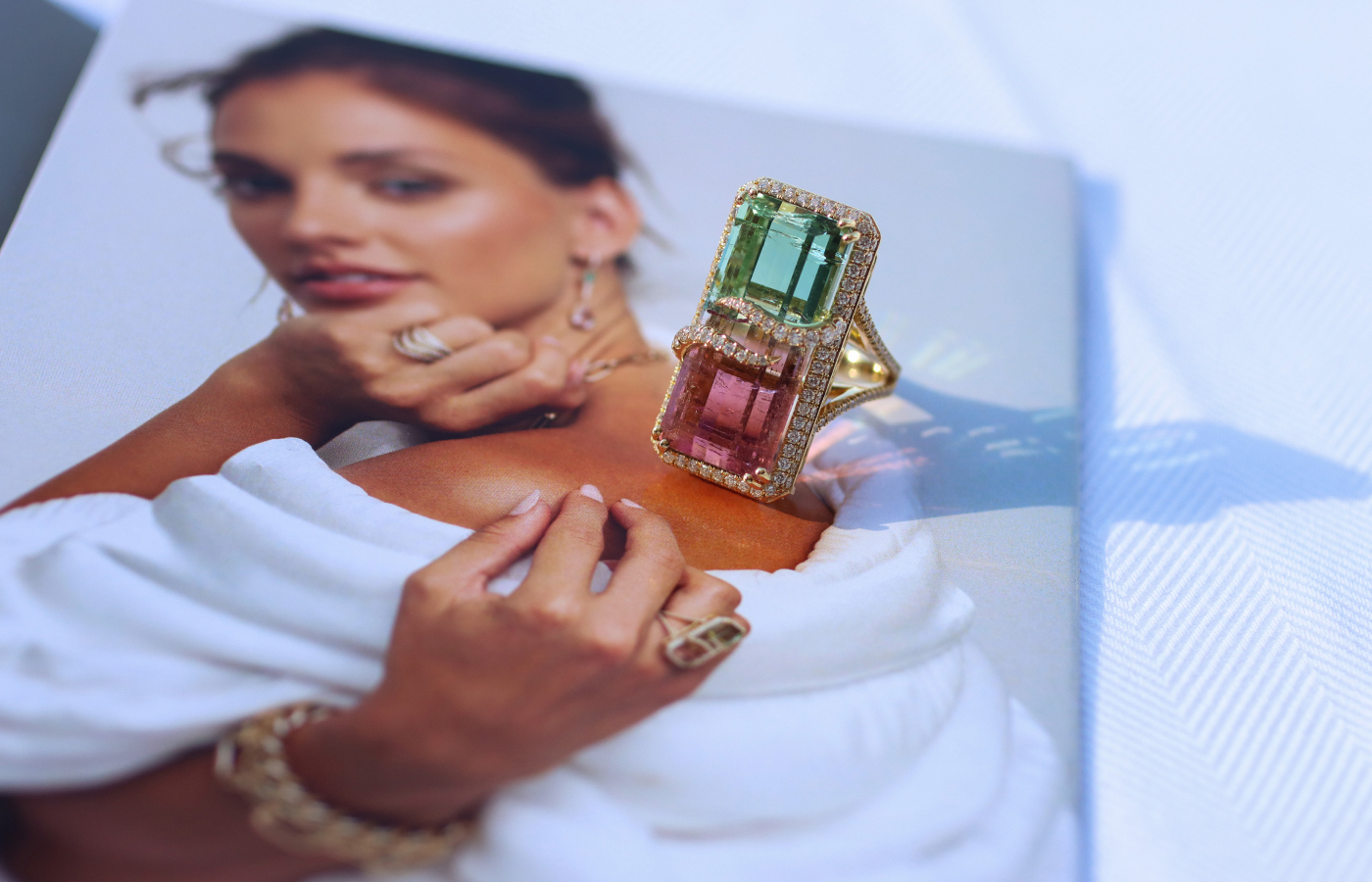 Lisa Nik watermelon tourmaline ring from the Colors collection with an emerald-cut watermelon tourmaline of 30.27 carats and 1.6 carats of diamonds, set in 18k yellow gold 