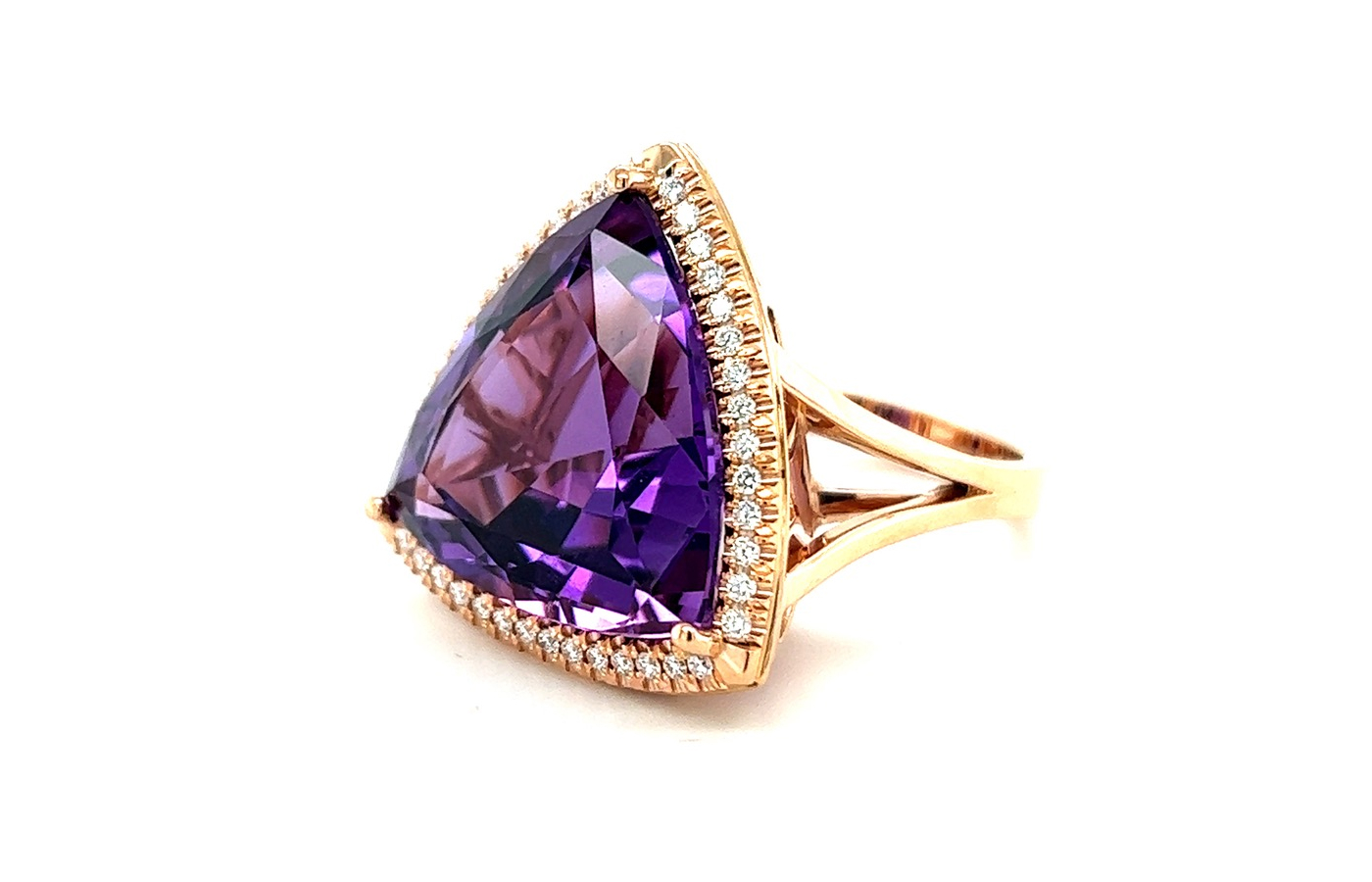 Lisa Nik Amethyst Triangle ring from the Colors collection with a 17.36 carat amethyst and diamonds in 18k rose gold 