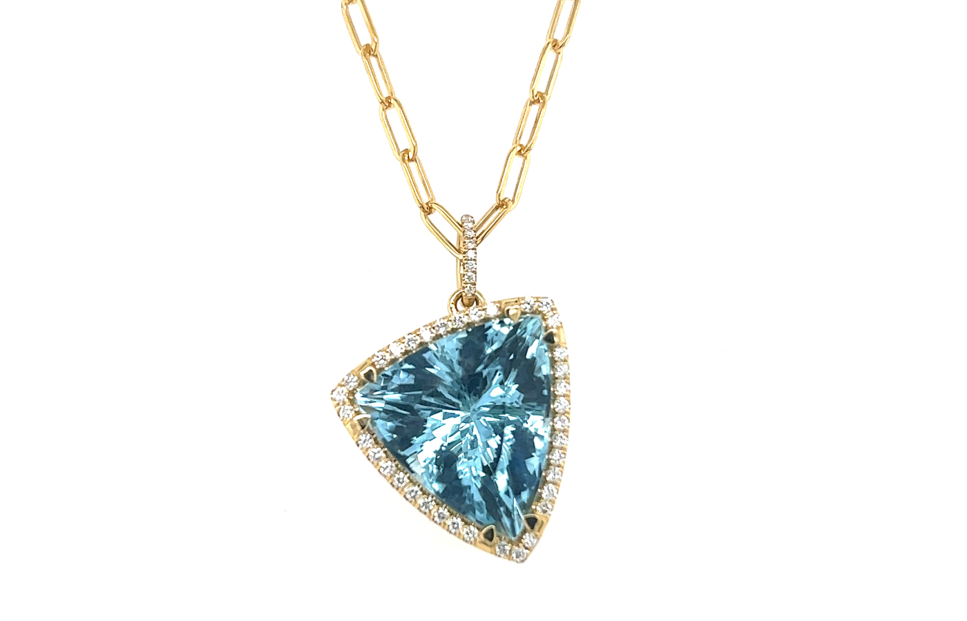  Lisa Nik Aquamarine Triangle pendant from the Colors collection with a 14.23 carat aquamarine suspended from a Golden Dreams paperclip chain, both crafted in 18k yellow gold 