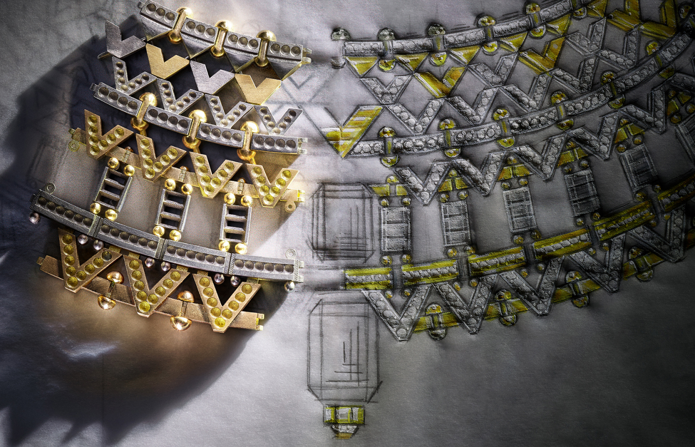  Rendering of the Louis Vuitton Vision necklace with two octogonal step-cut yellow sapphires of 13.47 and 11.79 - carats, one 2.01 - carat LV Monogram Star cut diamond, yellow sapphires and diamonds in platinum and gold from the Awakened Hands, Awakened Minds collection