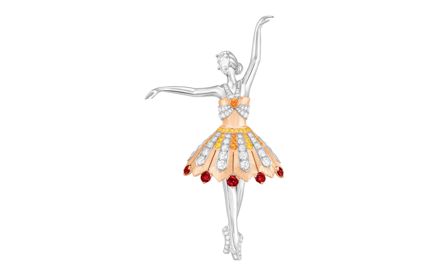 Van Cleef & Arpels Vera ballerina clip with yellow sapphires, spessartite garnets, rubies and diamonds in rose gold and white gold