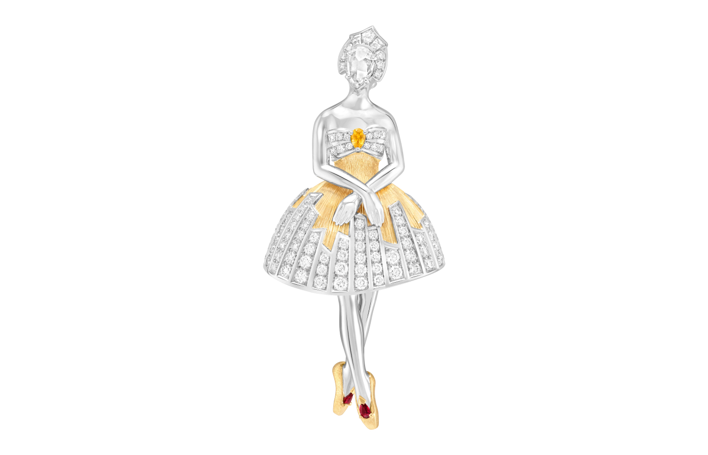  Van Cleef & Arpels Caronne ballerina clip with rubies, yellow sapphire and diamonds in gold and white gold