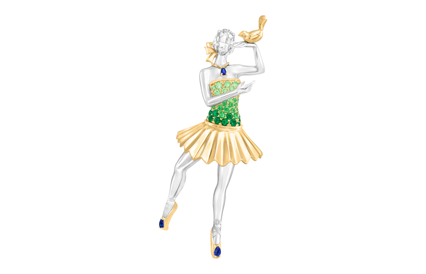  Van Cleef & Arpels Chant du Rossignol ballerina clip with tsavorite garnets, emeralds, sapphires and diamonds in gold and white gold