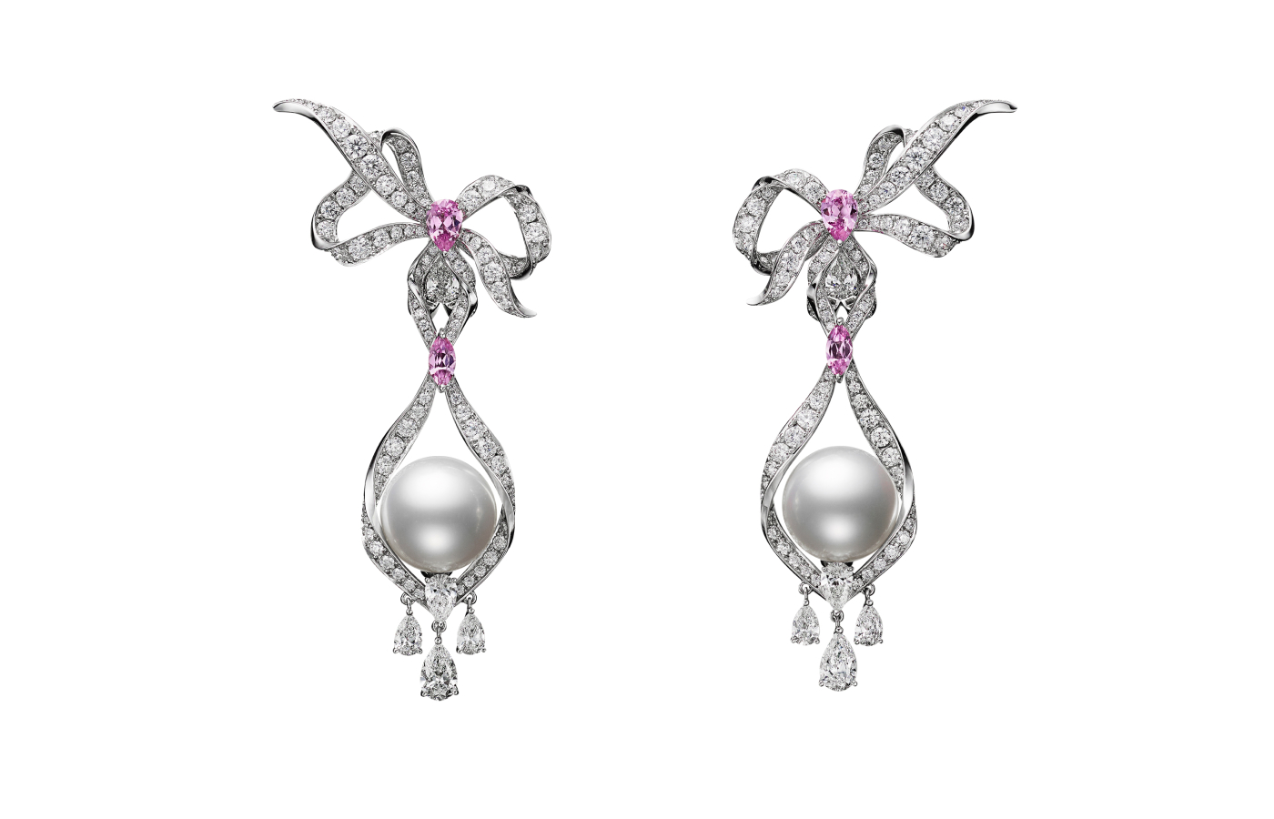  Mikimoto Rococo-inspired 18k white gold earrings with Akoya cultured pearls, diamonds and pink sapphires from ‘The Bows’ High Jewellery collection