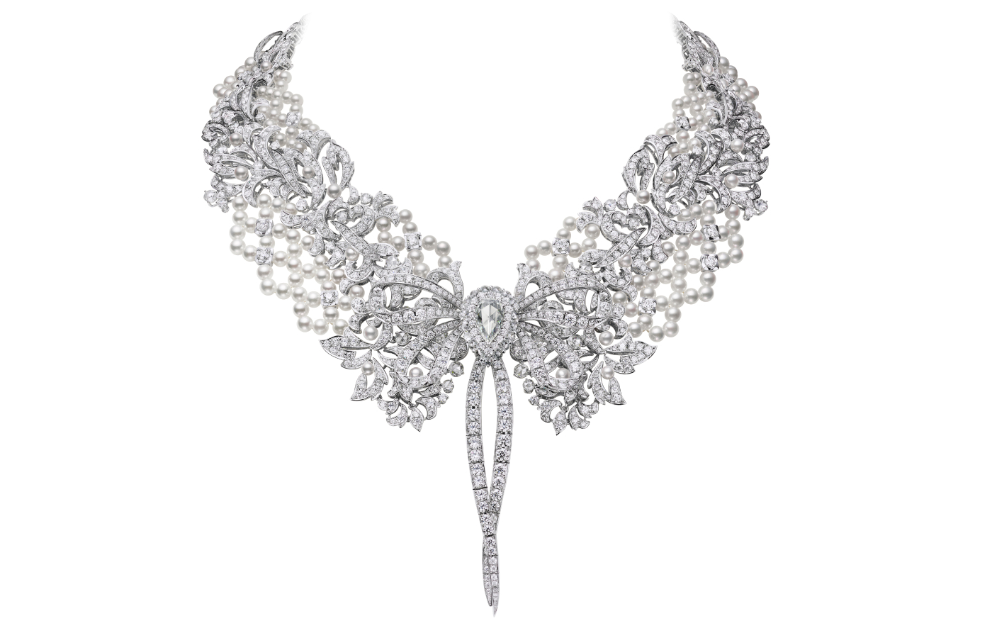Mikimoto necklace with interwoven Akoya cultured pearls and diamonds surrounding a pear-shaped white diamond in 18k white gold, from ‘The Bows’ High Jewellery collection