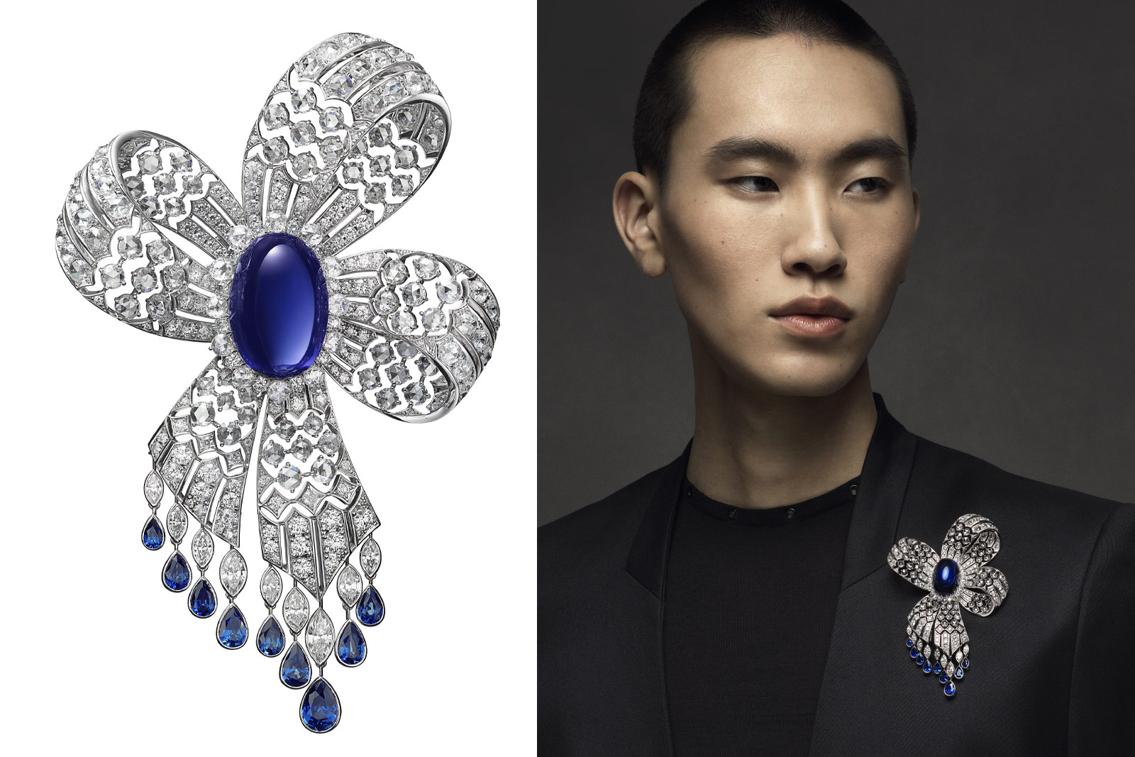 Mikimoto brooch (also worn as a necklace) with Akoya cultured pearls, marquise-shaped and round brilliant-cut diamonds and blue sapphires surrounding a 38.72-carat oval-shaped tanzanite cabochon from ‘The Bows’ High Jewellery collection