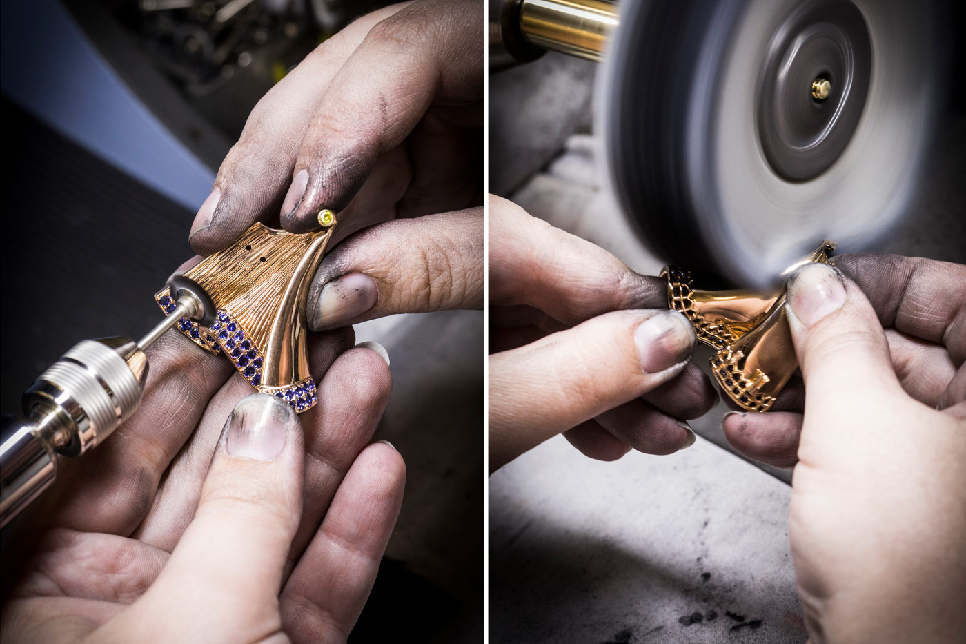  Making of the Van Cleef & Arpels Romeo & Juliet clips with black lacquer, rubies, coloured sapphires, spessartite garnets, Lapis Lazuli, white and yellow diamonds in gold, white gold and rose gold