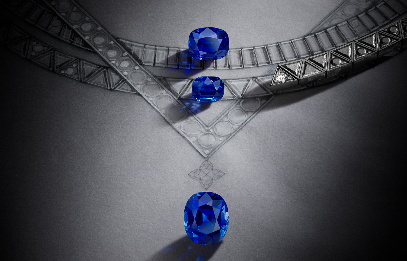 Rendering of the Louis Vuitton Gravité necklace with three antique cushion brillant-cut sapphires weighing 6.48 - carats, 4.40 - carats and 2.13 - carats, a 1.20 - carat LV Monogram Star cut diamond and diamonds in white gold from the Awakened Hands, Awakened Minds collection