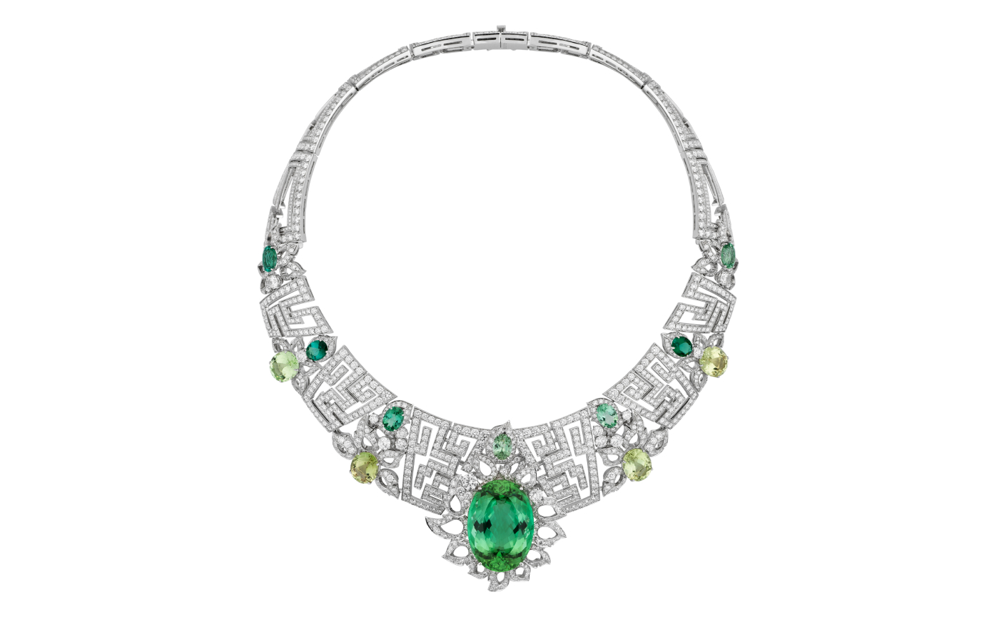  Gucci Labirinti necklace with a 56.37 - carat green tourmaline, multicoloured tourmalines,  and diamonds in white gold