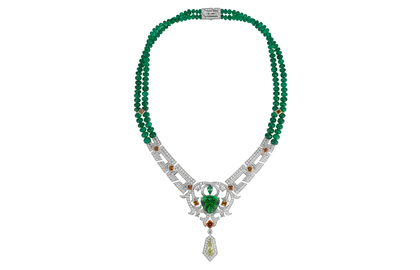  Gucci Labirinti necklace with a 3.16 - carat yellow diamond,  a 20.59 - carat tsavorite, Paraiba tourmalines, mandarin garnet, emerald beads and white and fancy diamonds in white gold