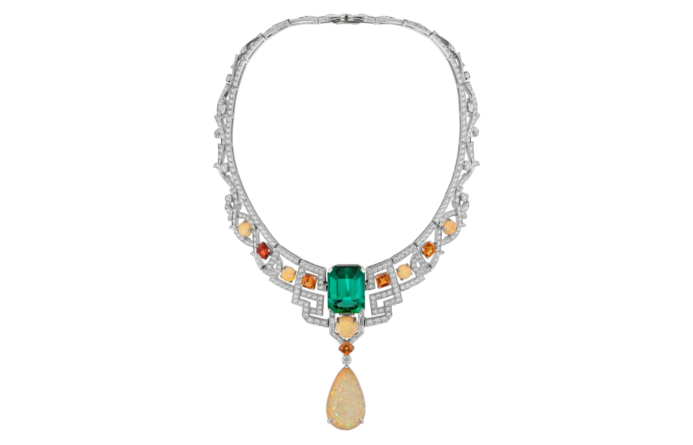  Gucci Labirinti necklace with a 53.25 lagoon tourmaline, a 19.65 - carat drop opal, mandarin garnet, opals and diamonds in white gold