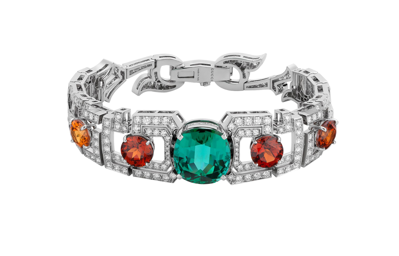 Gucci Labirinti bracelet with a 15.49 - carat lagoon tourmaline, mandarin garnets and diamonds in white gold