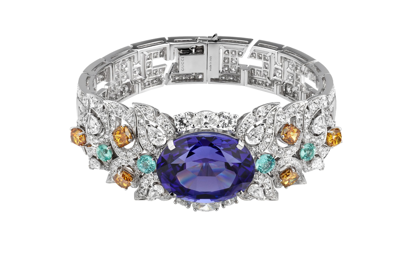  Gucci Labirinti bracelet with a 33.73 - carat tanzanite, tourmaline and diamonds in white gold