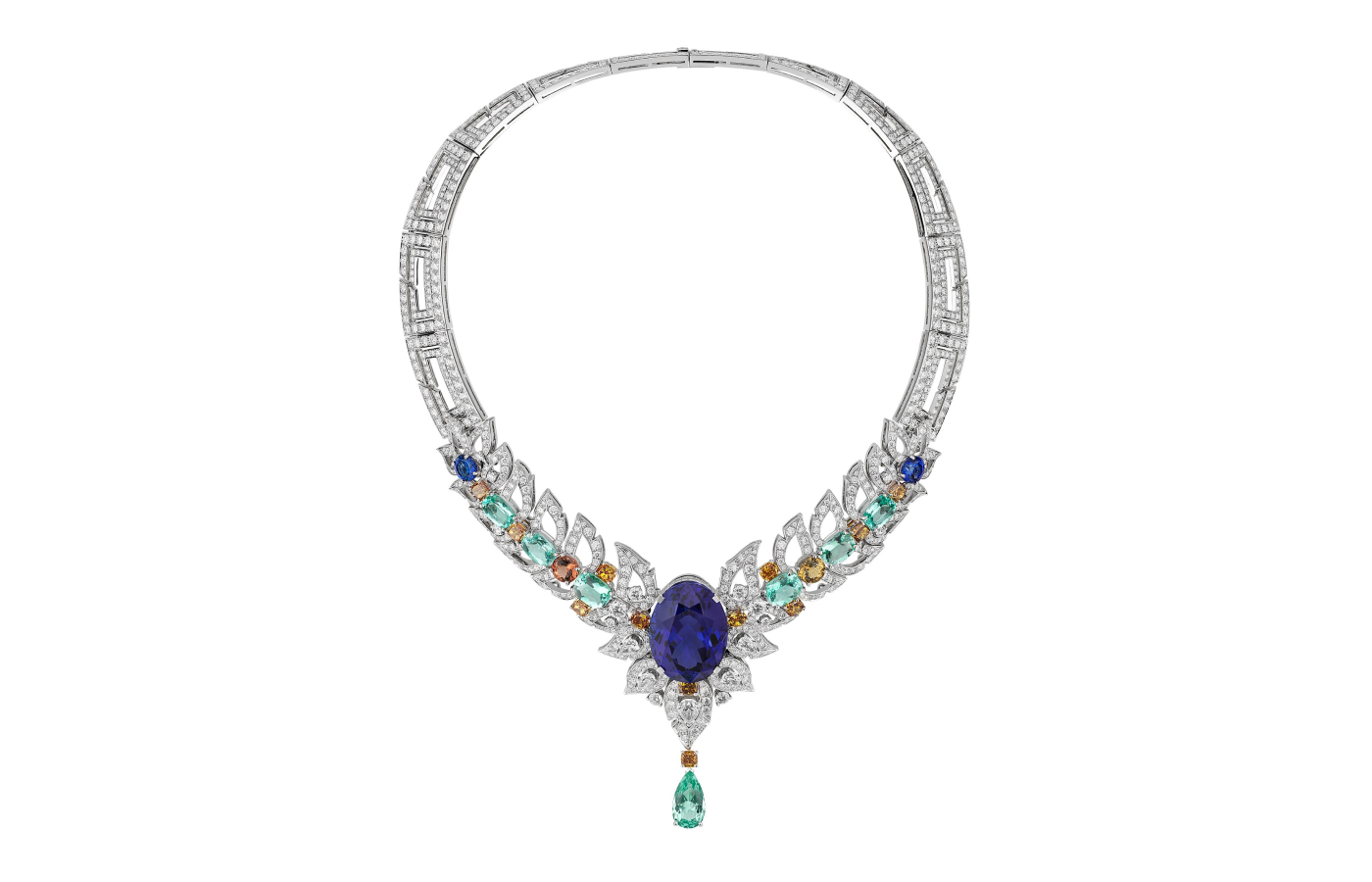  Gucci Labirinti  necklace with a 60.89 - carat tanzanite, multicoloured tourmalines, Paraiba tourmalines, tanzanites, white and fancy diamonds in white gold