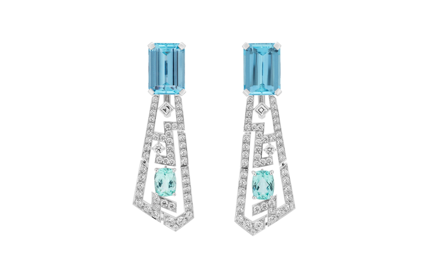  Gucci Labirinti earrings with two 6.32 - carat and 7.16 - carat aquamarines, Paraiba tourmalines and diamonds in white gold