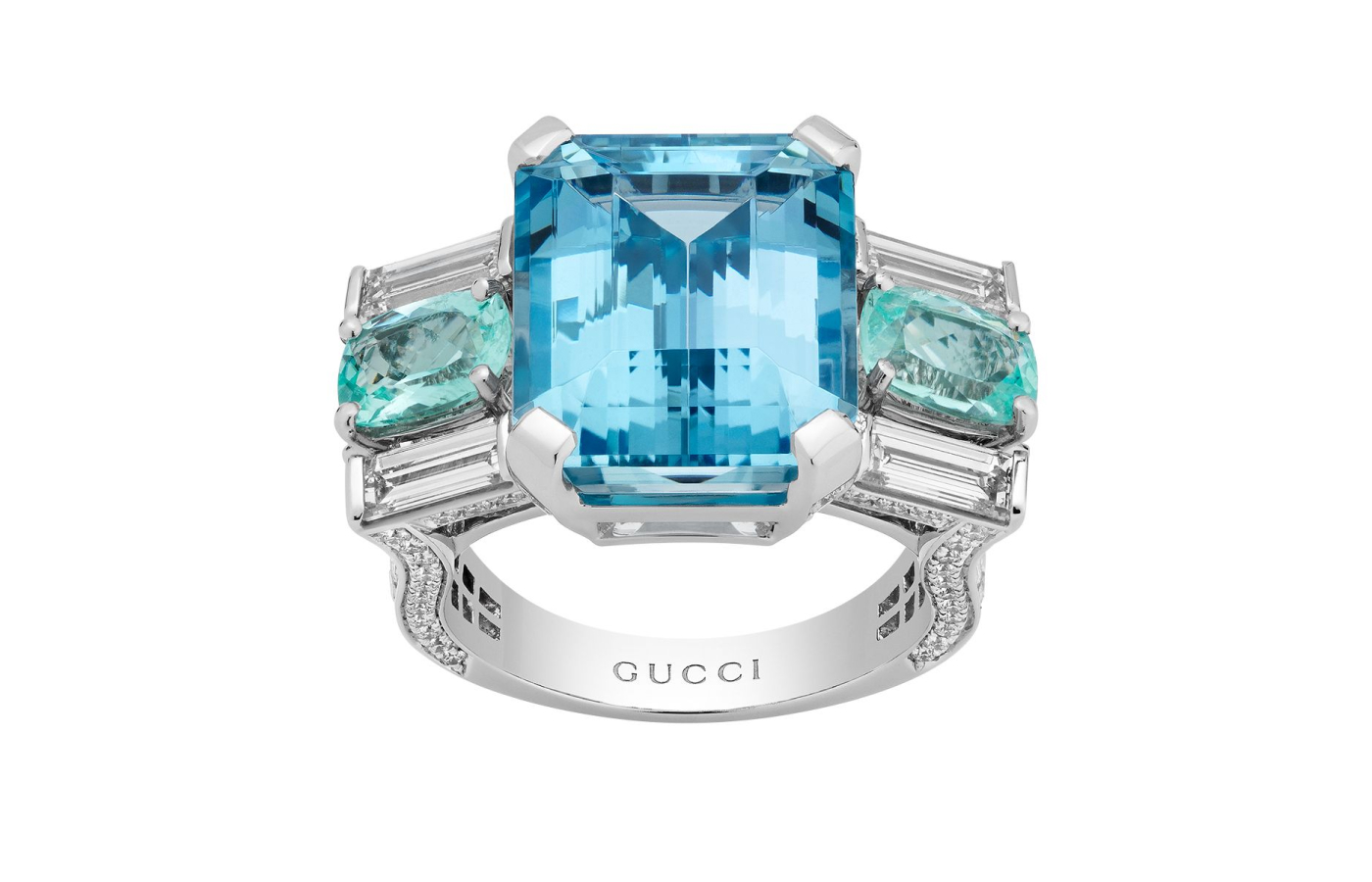  Gucci Labirinti ring with a 10.76 - carat aquamarine, Paraiba tourmalines and diamonds in white gold