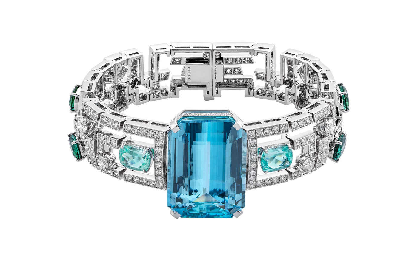 Gucci Labirinti bracelet with a 35.69 - carat aquamarine, Paraiba tourmalines and green tourmalines and diamonds in white gold 