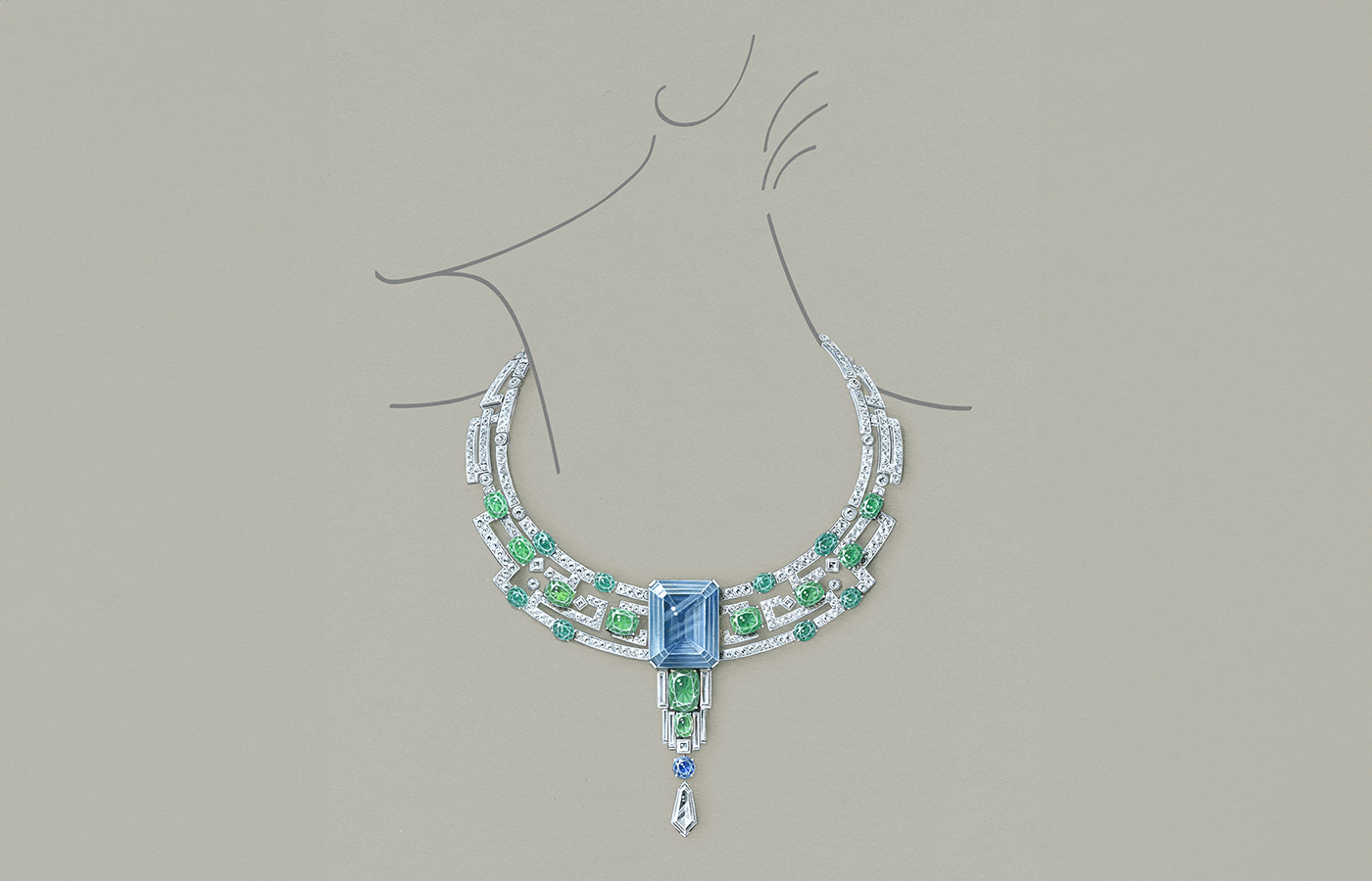  Gucci Labirinti necklace with a 62.58 - carat aquamarine, blue sapphire, Paraiba tourmalines, tourmalines and diamonds in white gold 
