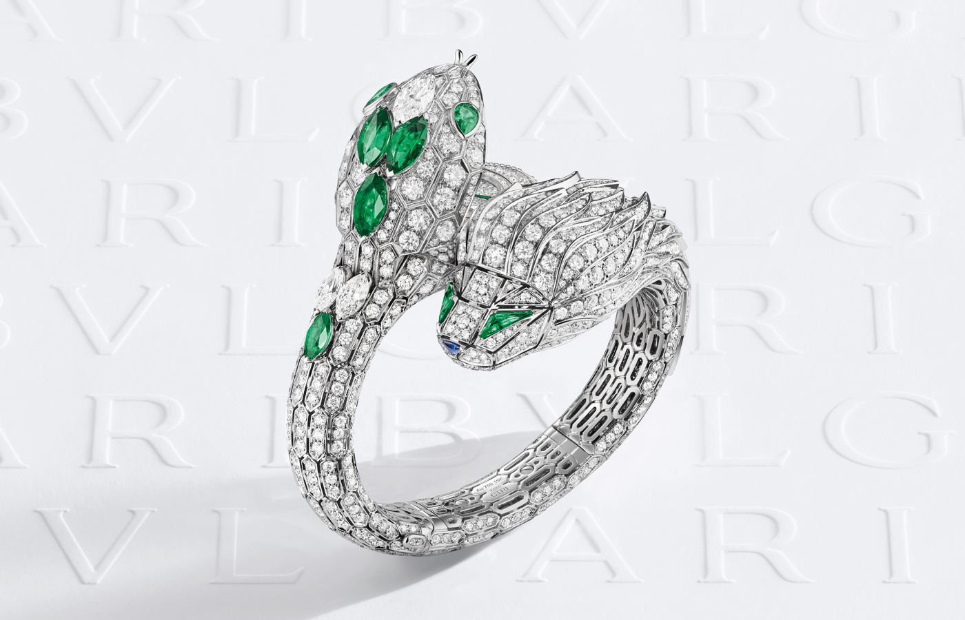 Bvlgari Serpenti Misteriosi Chimera secret watch from the Aeterna collection with emeralds, diamonds and sapphire in 18k white gold 