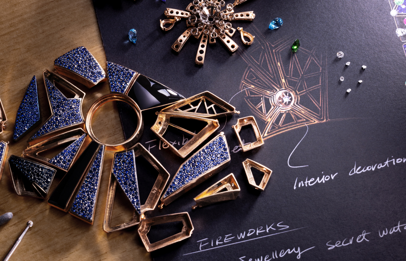  The making of the Bvlgari Fuochi d’Artificio secret watch from the Aeterna collection with rubies, sapphires, rubellites, mandarin garnets, tsavorites, green tourmalines, topazes, peridots, amethysts and diamonds in 18k rose gold and blue titanium