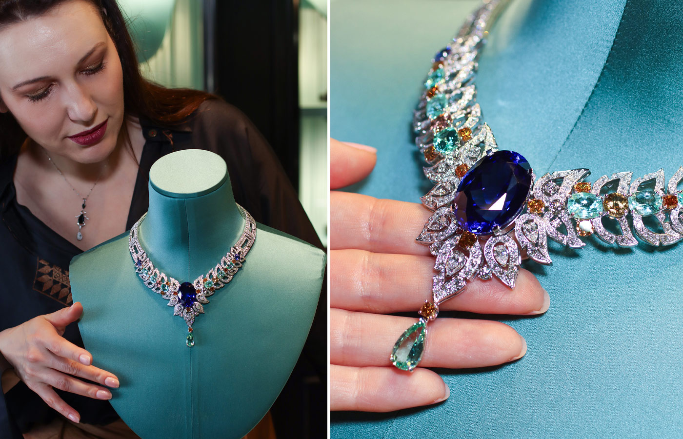  The necklace features a rare 60.89 - carat oval-cut tanzanite