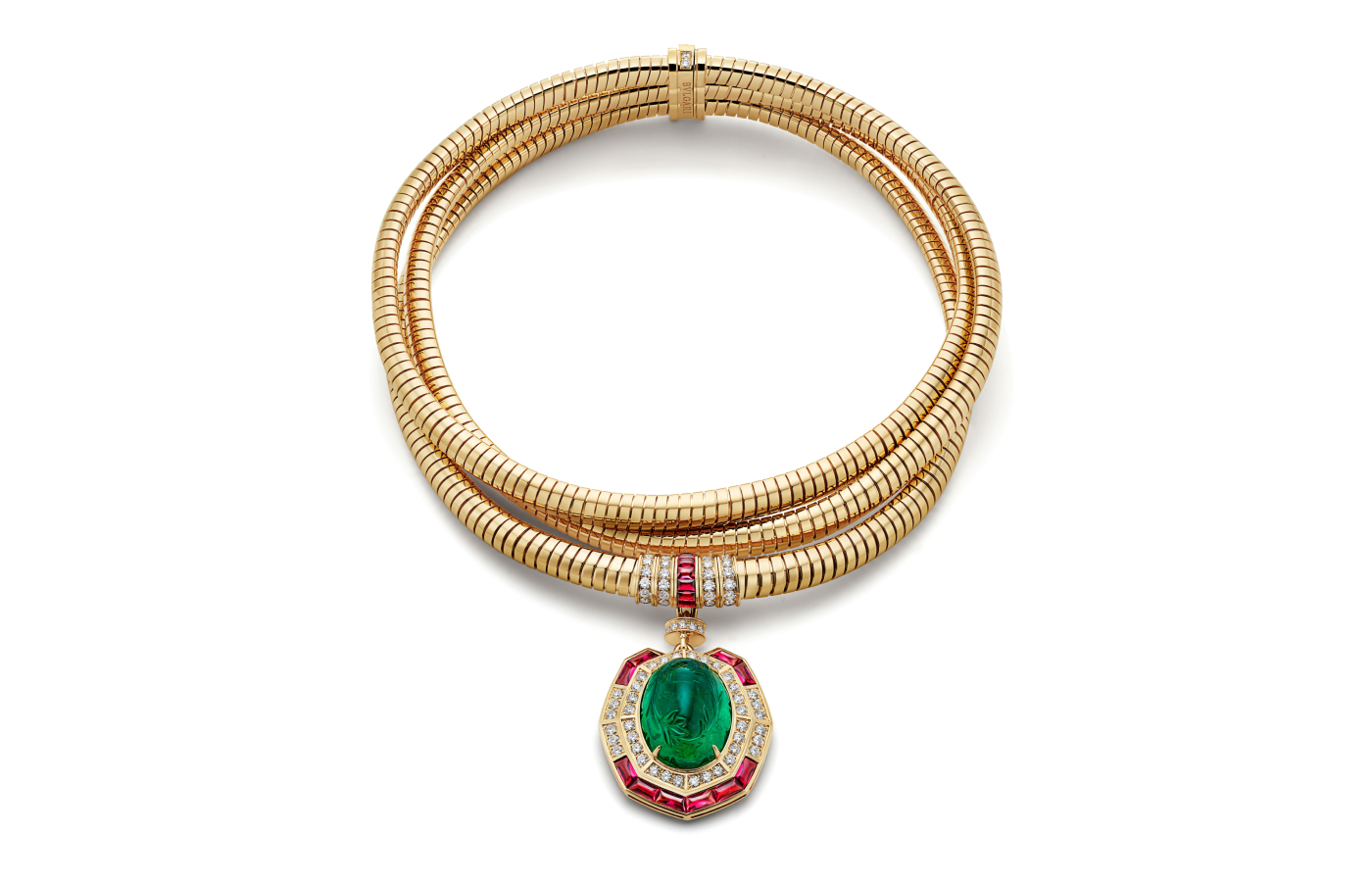  Bvlgari Tubogas of Time necklace from the Aeterna collection with a striking oval-cut 31.07-carat Zambian emerald and buff-top rubellites and pavé-set diamonds in 18k yellow gold