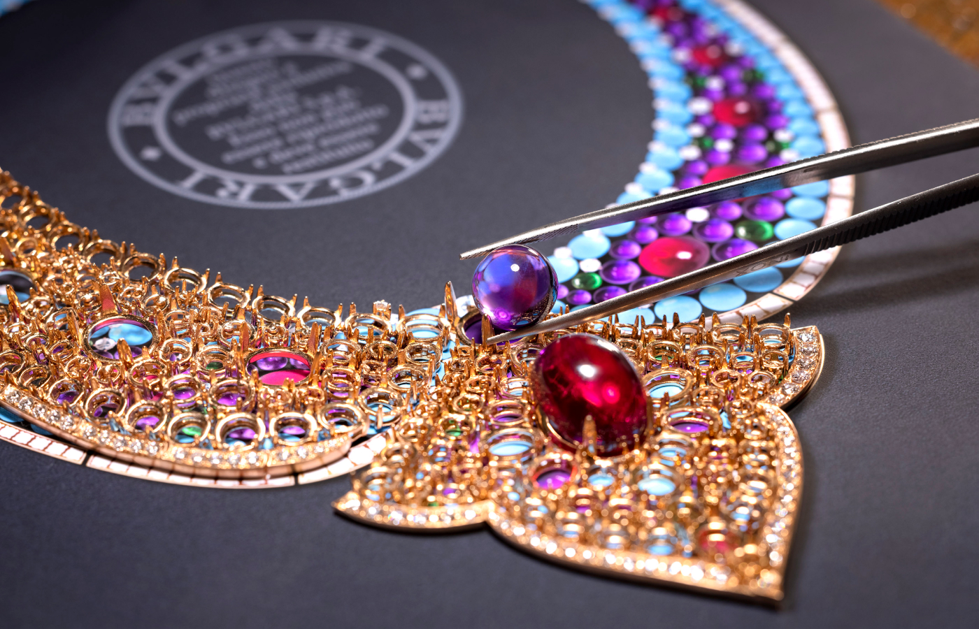 Bvlgari Lotus Cabochon necklace from the Aeterna collection with  rubellite, turqoise, emerald and amethyst cabochons set on a 18k yellow gold base