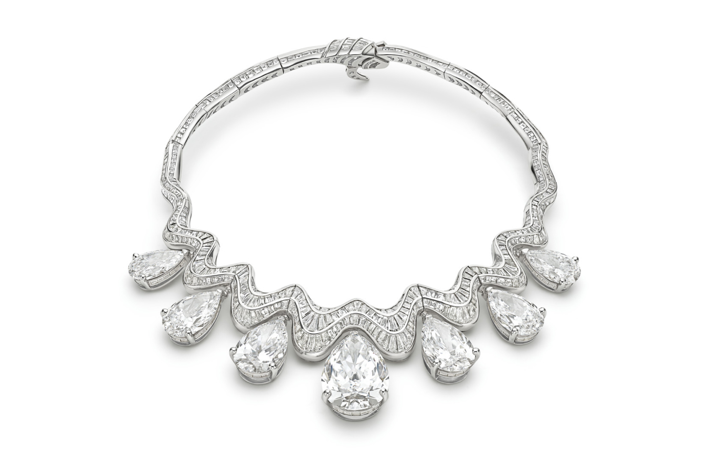  Bvlgari Serpenti Aeterna necklace from the Aeterna collection crafted in over 2,800 hours with seven D-colour pear-drop diamonds weighing 140-carats and 698 baguette-cut diamonds in 18k white gold 