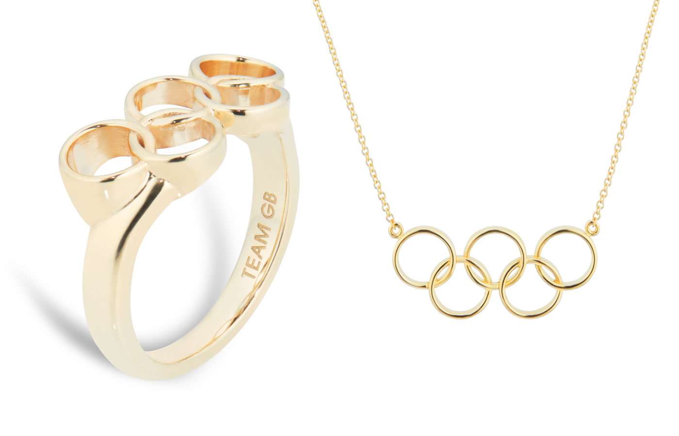  Mappin & Webb x Team GB athlete exclusive Olympic Rings ring and necklace in gold plated silver sterling
