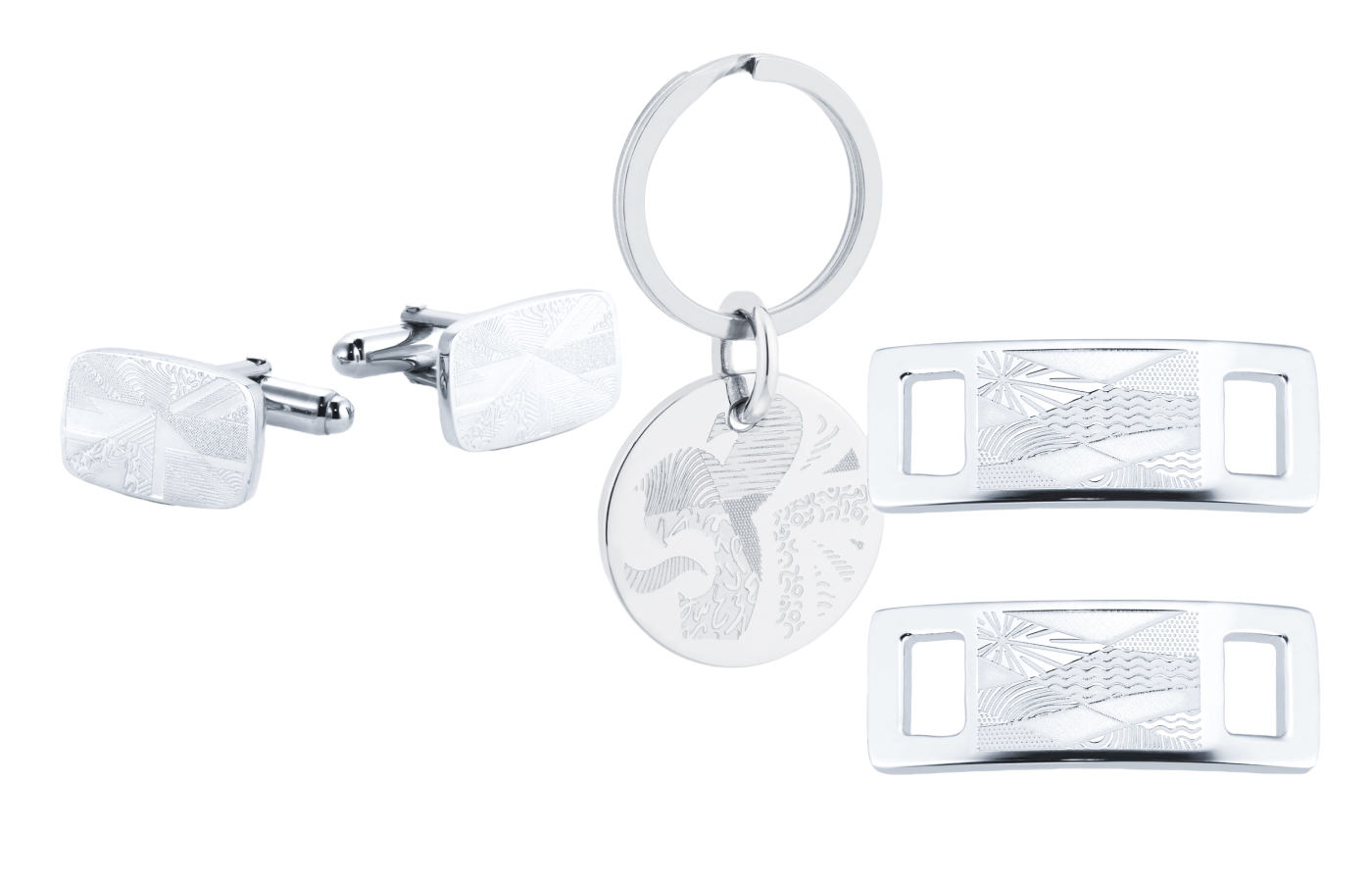 Mappin & Webb x Team GB lion head cufflinks, keyring and shoe lace clips in sterling silver