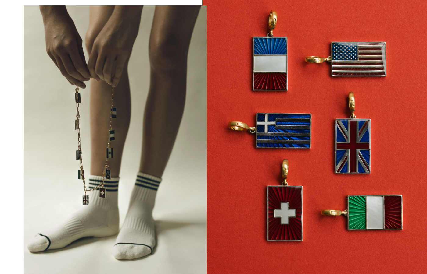 Model holds a Venyx Paris Olympics necklace in 18k yellow gold, a selection of enamel-coloured country flag charms 