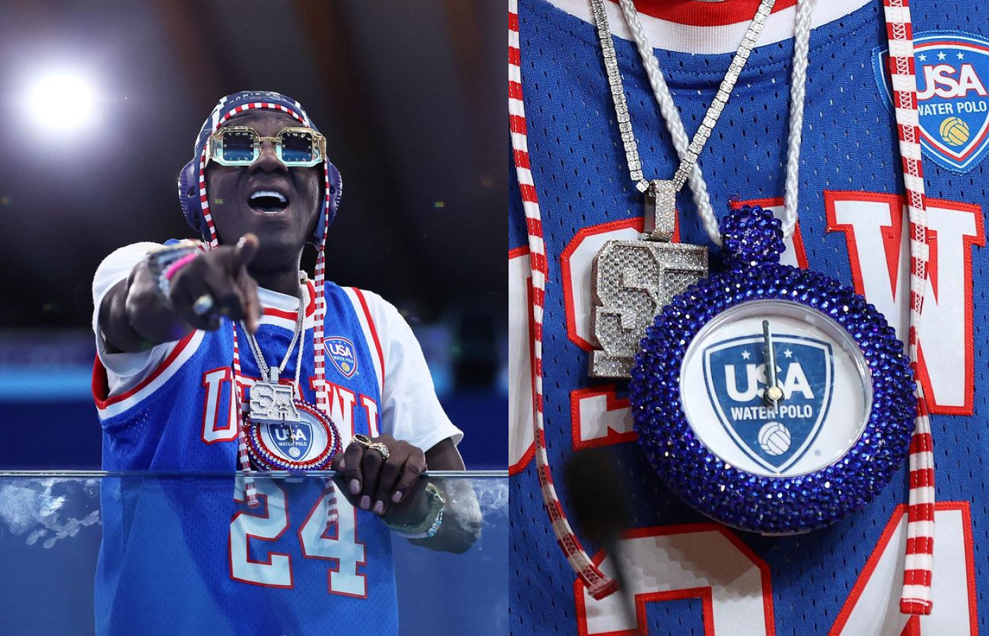  Flavor Flav wearing a custom Team USA clock necklace decked out in blue and red Swarovski crystals