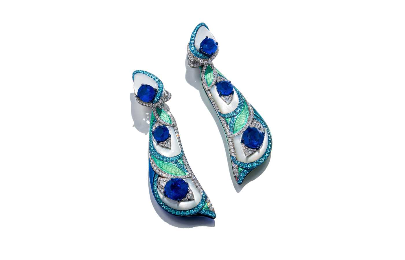  Anna Hu Peacock earrings in titanium and white gold, set with Paraiba tourmalines, sapphires and diamonds