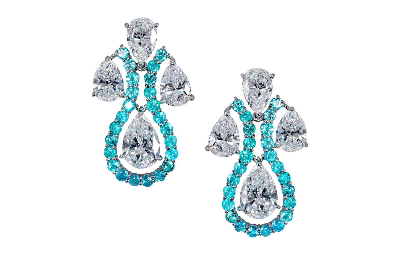  Moussaieff earrings with 3.02 carats of circular-shaped Paraiba tourmalines and 10.22 carats of pear-shaped diamonds of D, E and F colour, all mounted in 18k white gold  