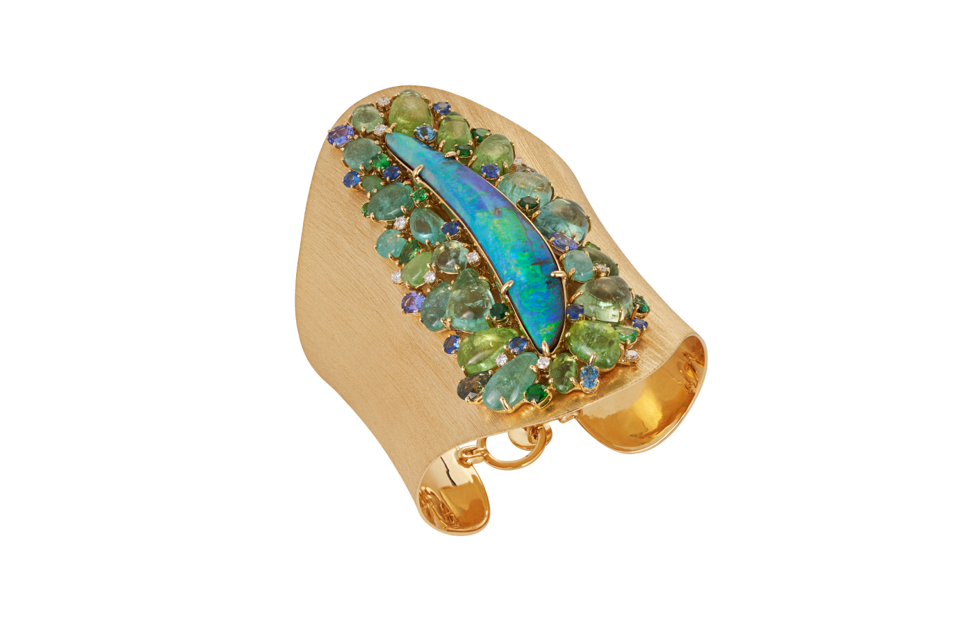  Margot McKinney cuff bracelet in 18k yellow gold with a 54.84 carat opal, surrounded by prong-set Paraiba tourmalines, 38.82 carats of tsavorite, blue sapphires, green sapphires, tanzanite, garnet and aquamarine