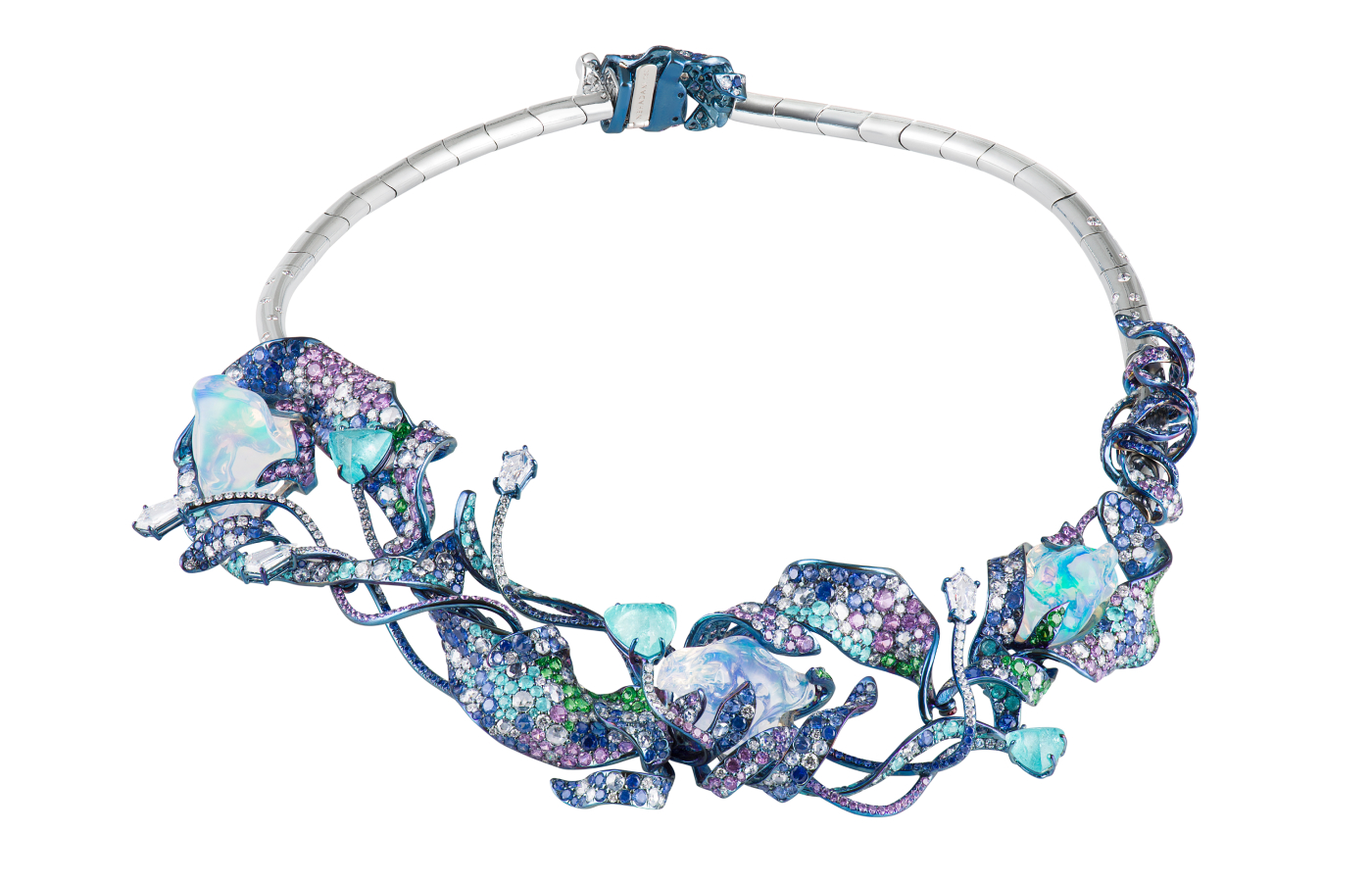 Neha Dani Vaneesha necklace with water opal, diamonds, Paraiba tourmalines, blue and purple sapphires and tsavorite garnets in titanium