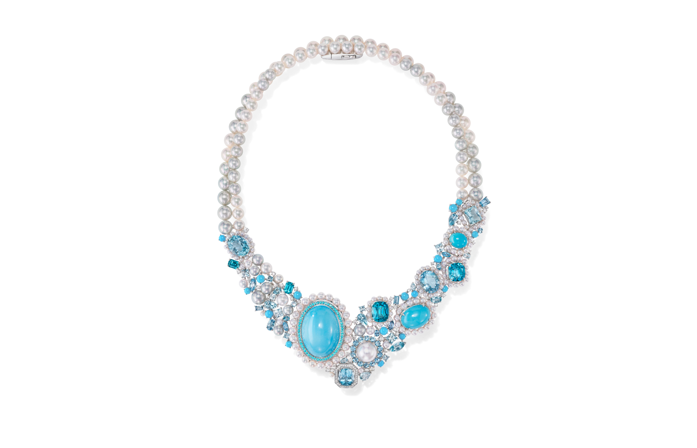 Tasaki Atelier Radiant necklace from the Radiant Sky collection with Akoya pearls, South Sea pearls, diamonds, turquoise, aquamarine, blue zircon and Paraiba tourmaline in 18k white gold 