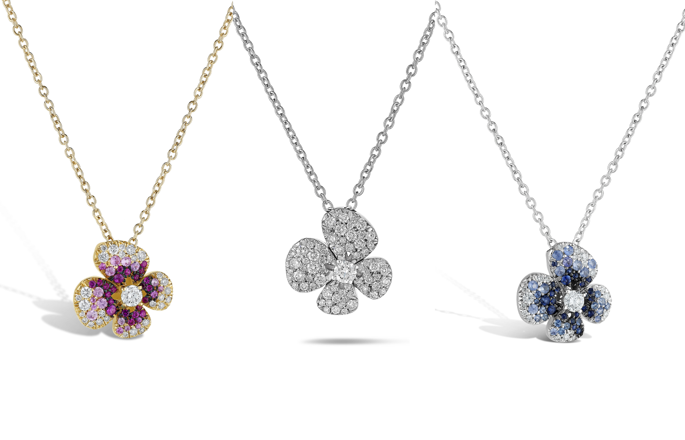  A trio of Miseno Ischia pendants, including one in rose gold with ombre pink sapphires and white diamonds, another with white diamonds only, and a third with ombre blue sapphires, all in 18k white gold 