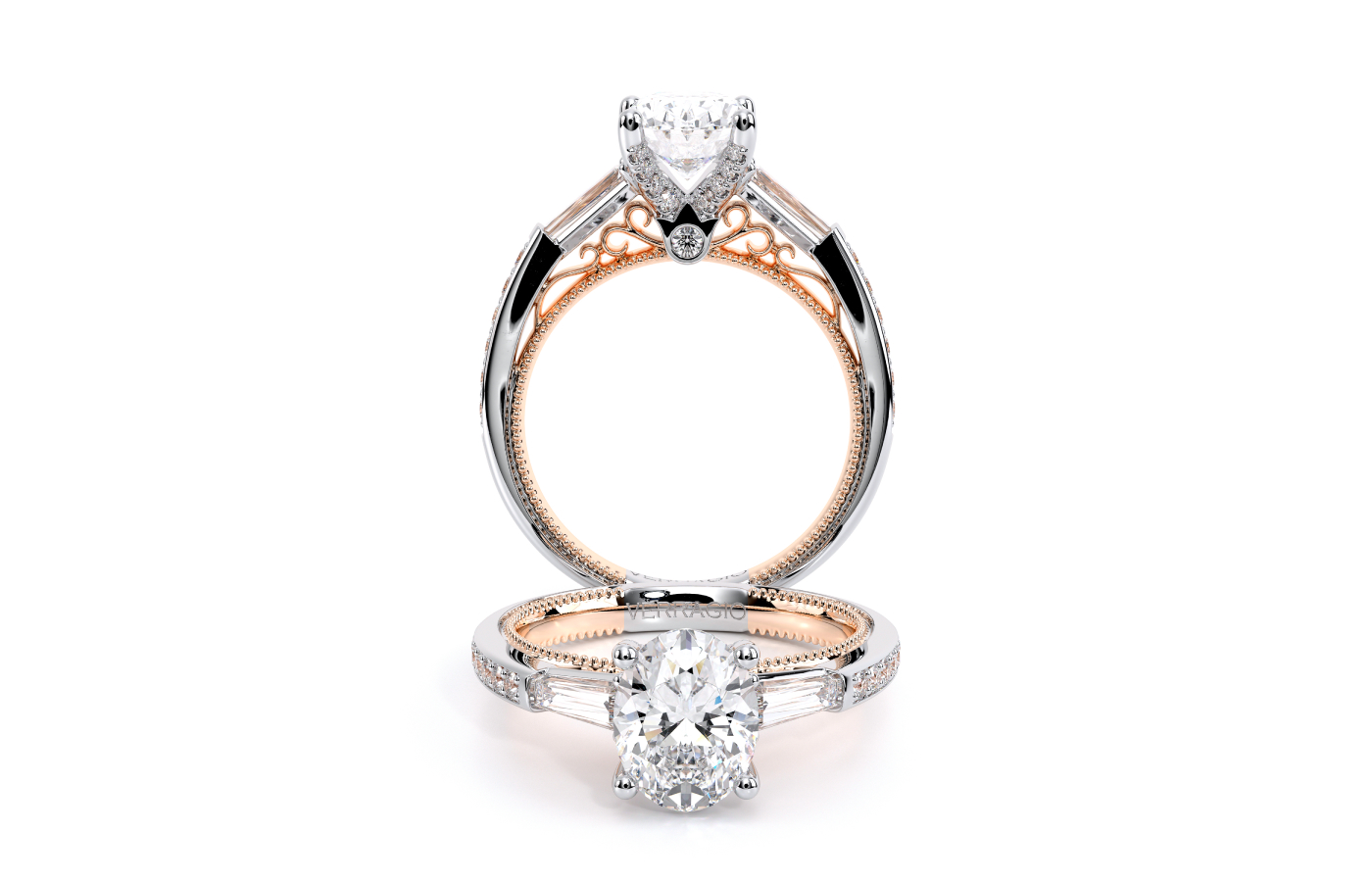  Verragio engagement ring from the Venetian collection with an oval-shaped centre stone alongside two baguette-cut diamonds, set in 18k white and rose gold  