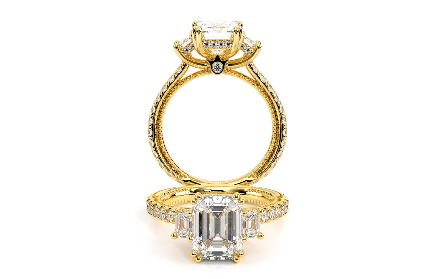  Verragio engagement ring from the Renaissance collection with a trio of emerald-cut diamonds and millgrain detailing, set in 14k yellow gold 