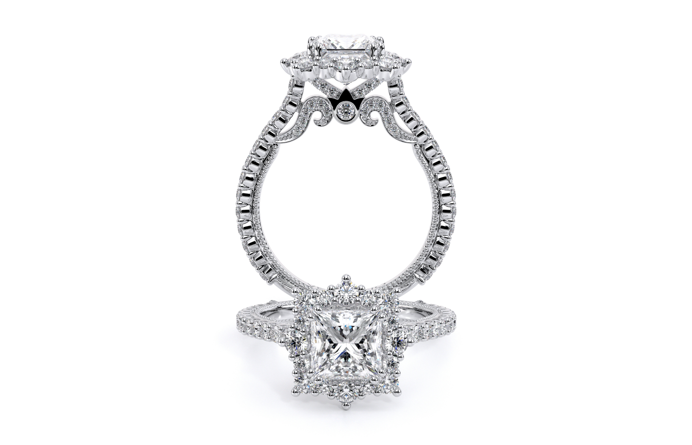  Verragio engagement ring from the Insignia collection with a ‘Starburst’ diamond halo and scrollwork detailing, set in 18k white gold  